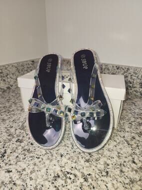 SBUP Jelly Rhinestone Studded Bows Clear Blue Sandals